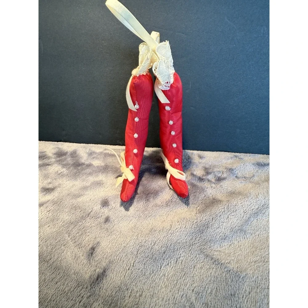 VTG 2 Victorian Red Stilettos High Heel Boot Faux Pearls Lace Christmas Ornament